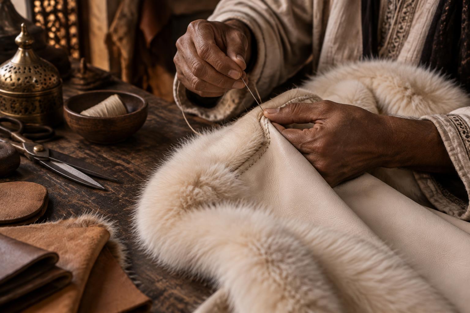 Artisan cousant à la main une pièce en cuir bordée de fourrure